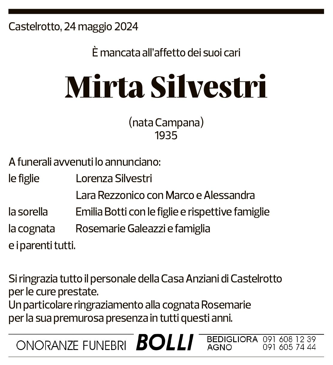 Annuncio funebre Mirta Silvestri