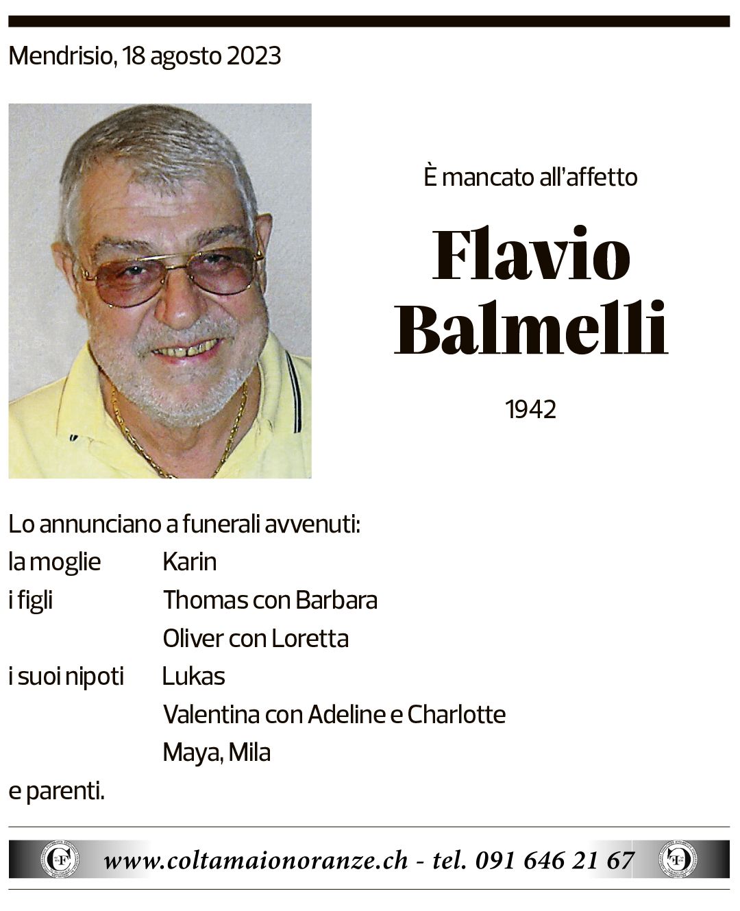 Annuncio funebre Flavio Balmelli