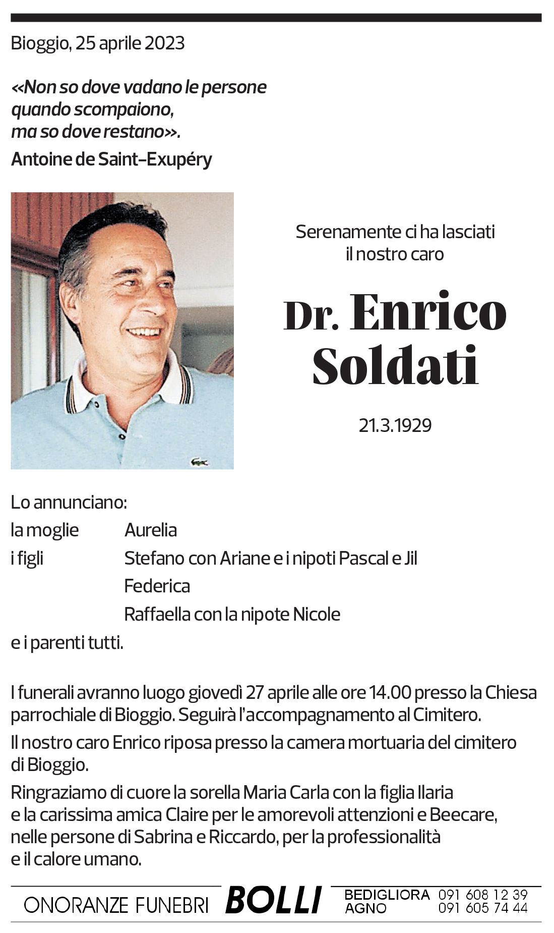 Annuncio funebre Enrico Soldati