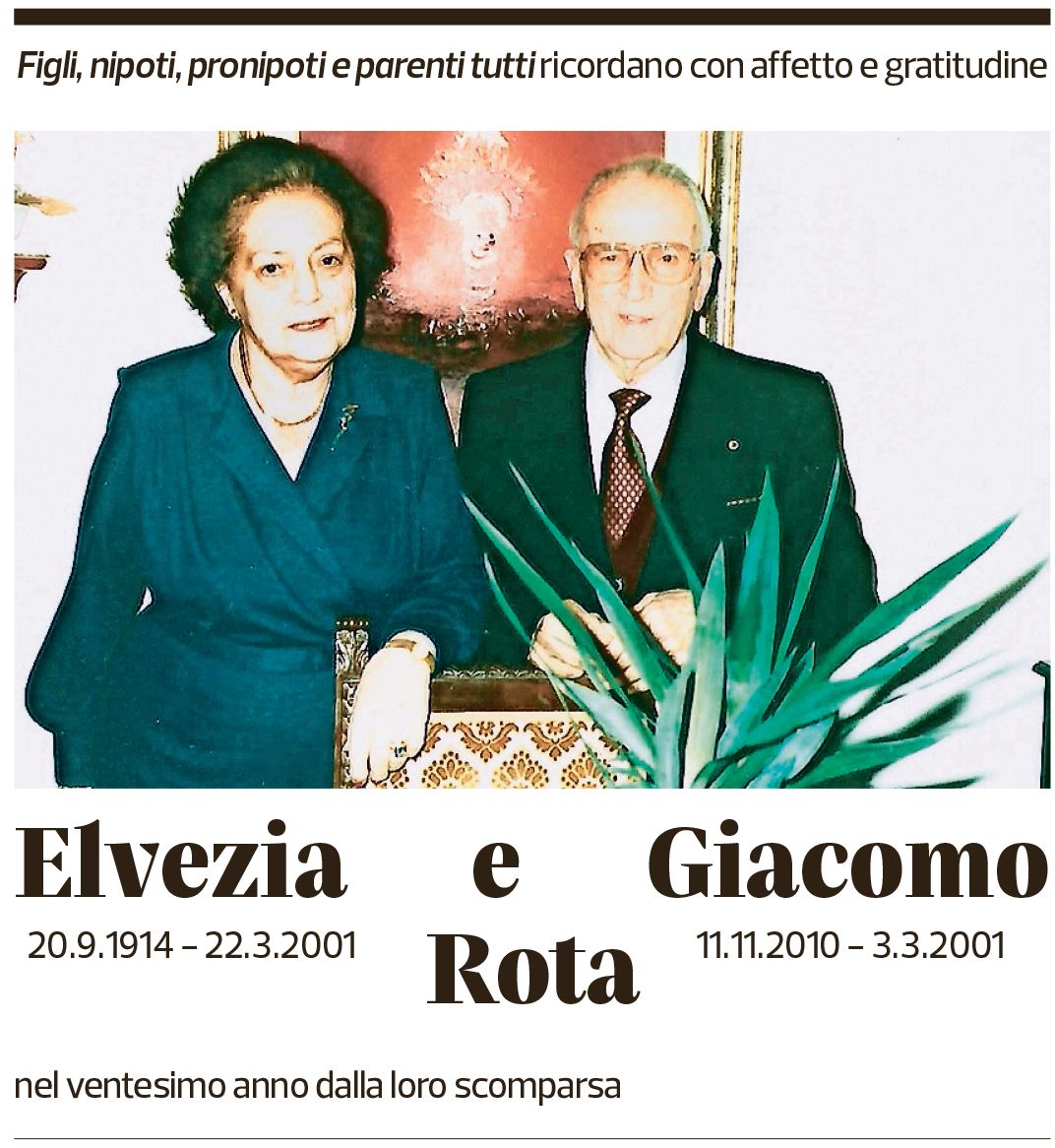 Annuncio funebre Elvezia E Giacomo Rota