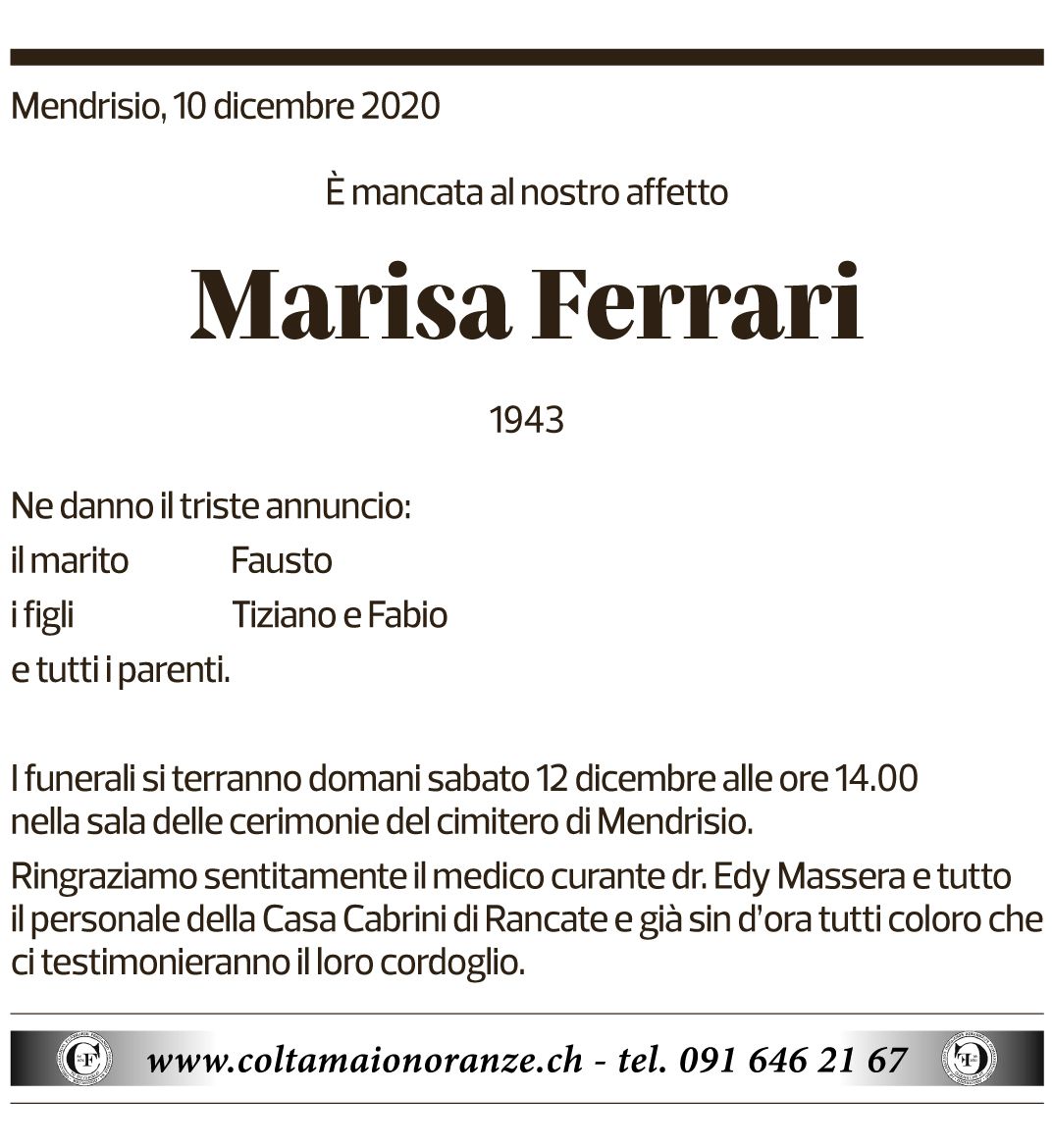 Annuncio funebre Marisa Ferrari