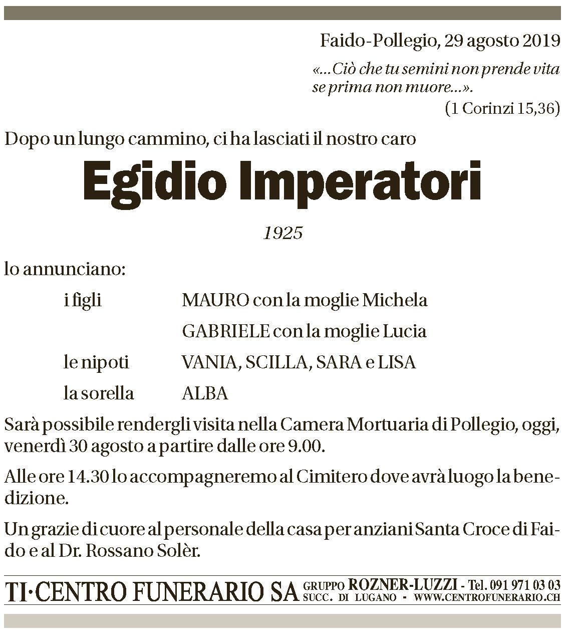 Annuncio funebre Egidio Imperatori