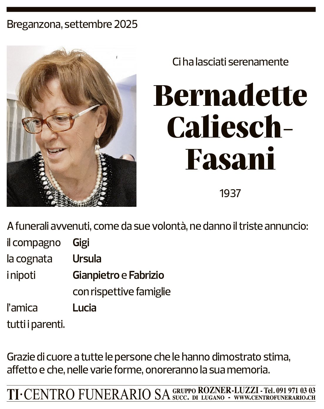 Annuncio funebre Bernadette Caliesch-fasani