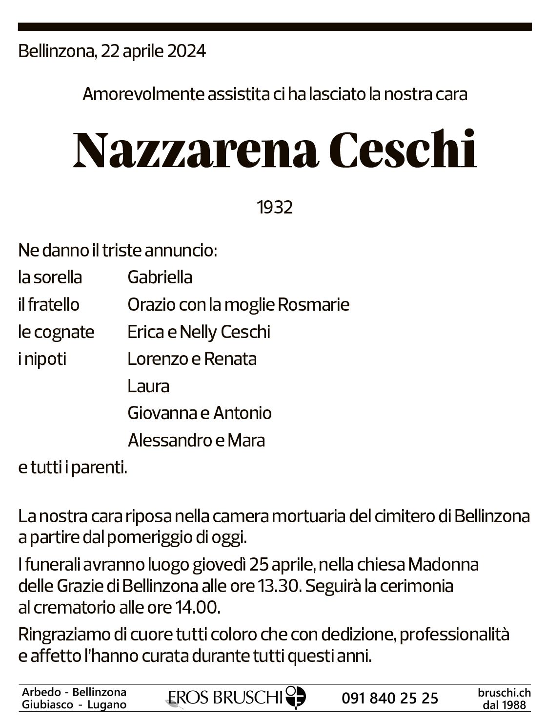 Annuncio funebre Nazzarena Ceschi