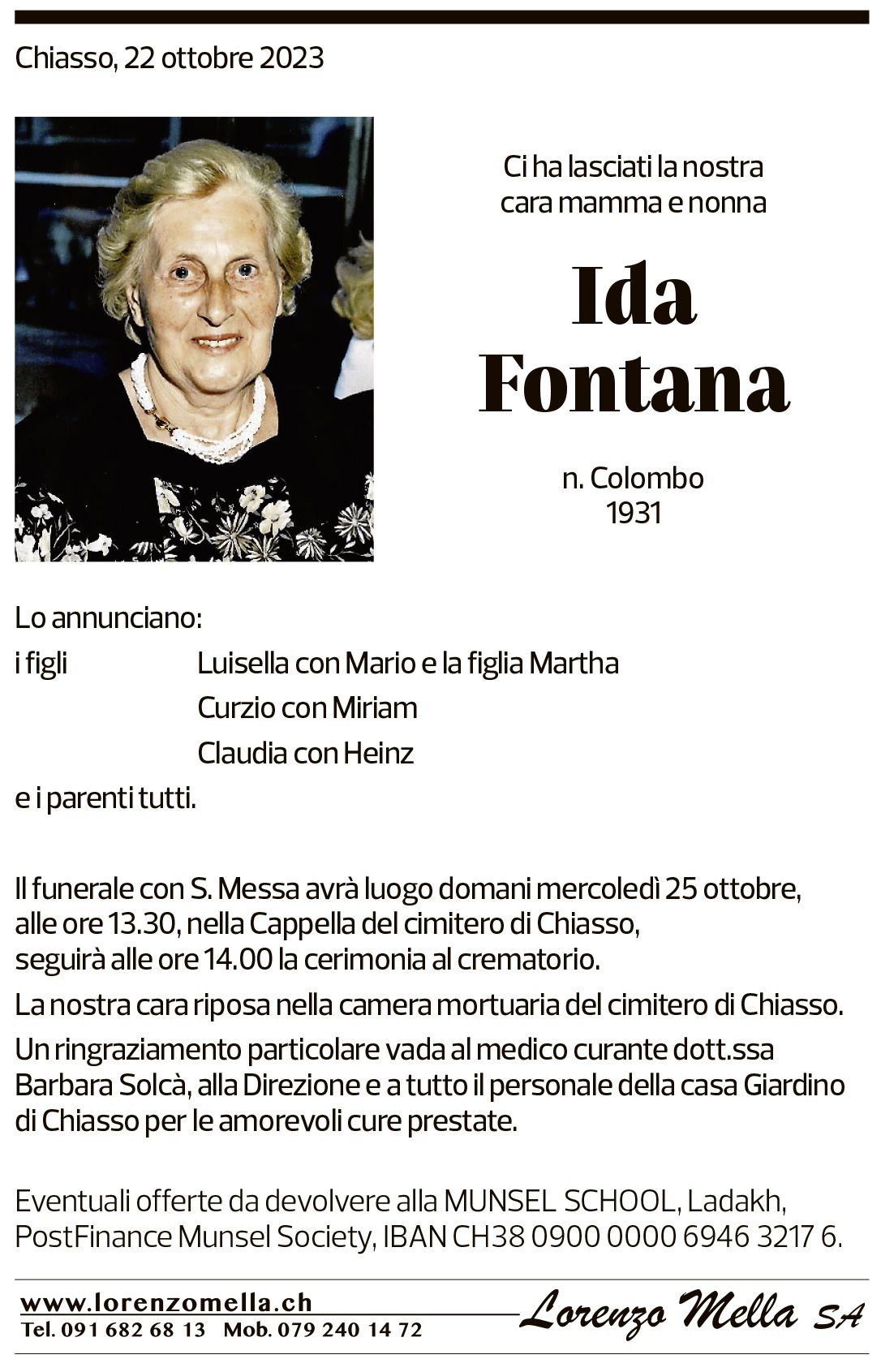 Annuncio funebre Ida Fontana