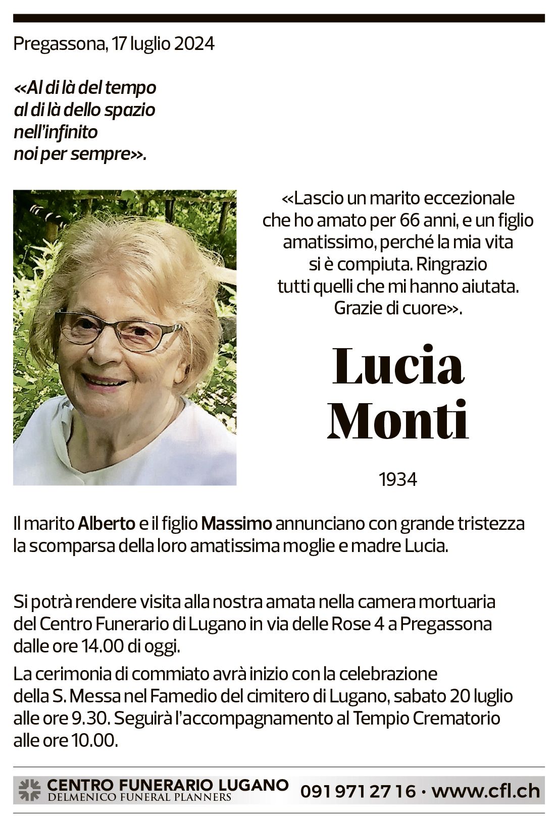 Annuncio funebre Lucia Monti