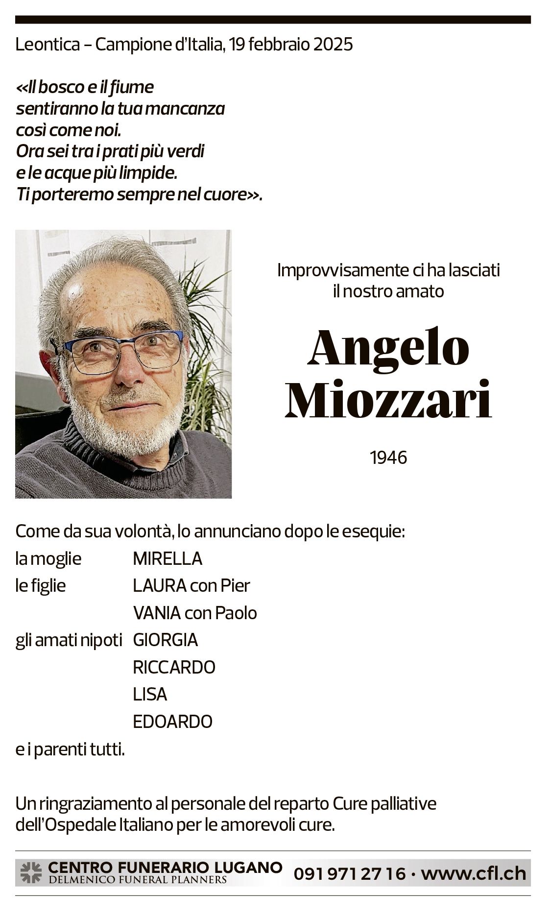 Annuncio funebre Angelo Miozzari