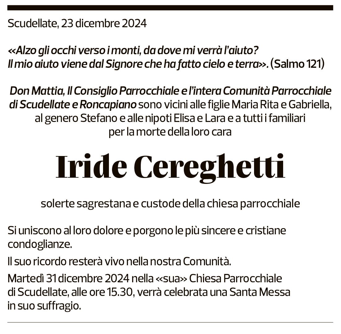 Annuncio funebre Iride Cereghetti