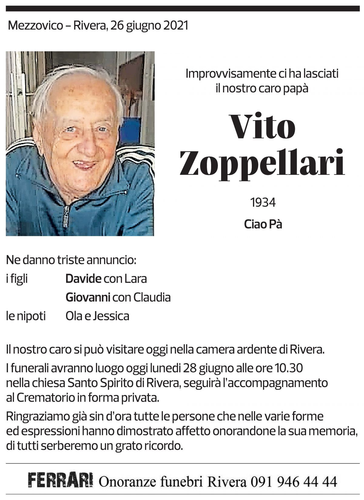 Annuncio funebre Vito Zoppellari