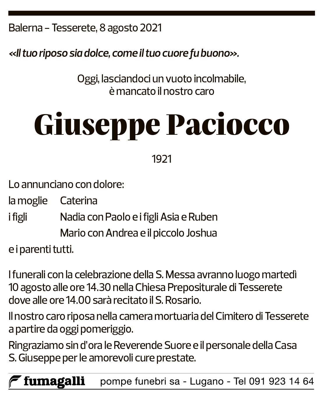 Annuncio funebre Giuseppe Paciocco