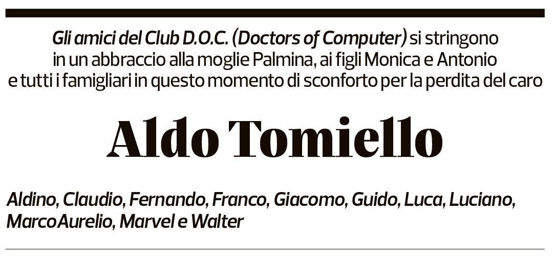 Annuncio funebre Aldo Tomiello