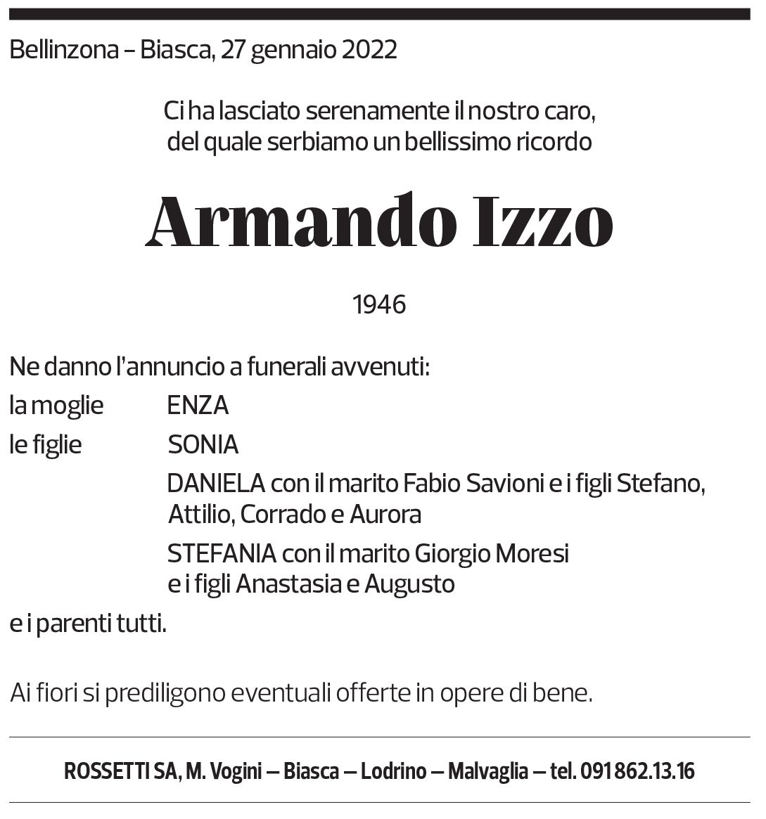 Annuncio funebre Armando Izzo