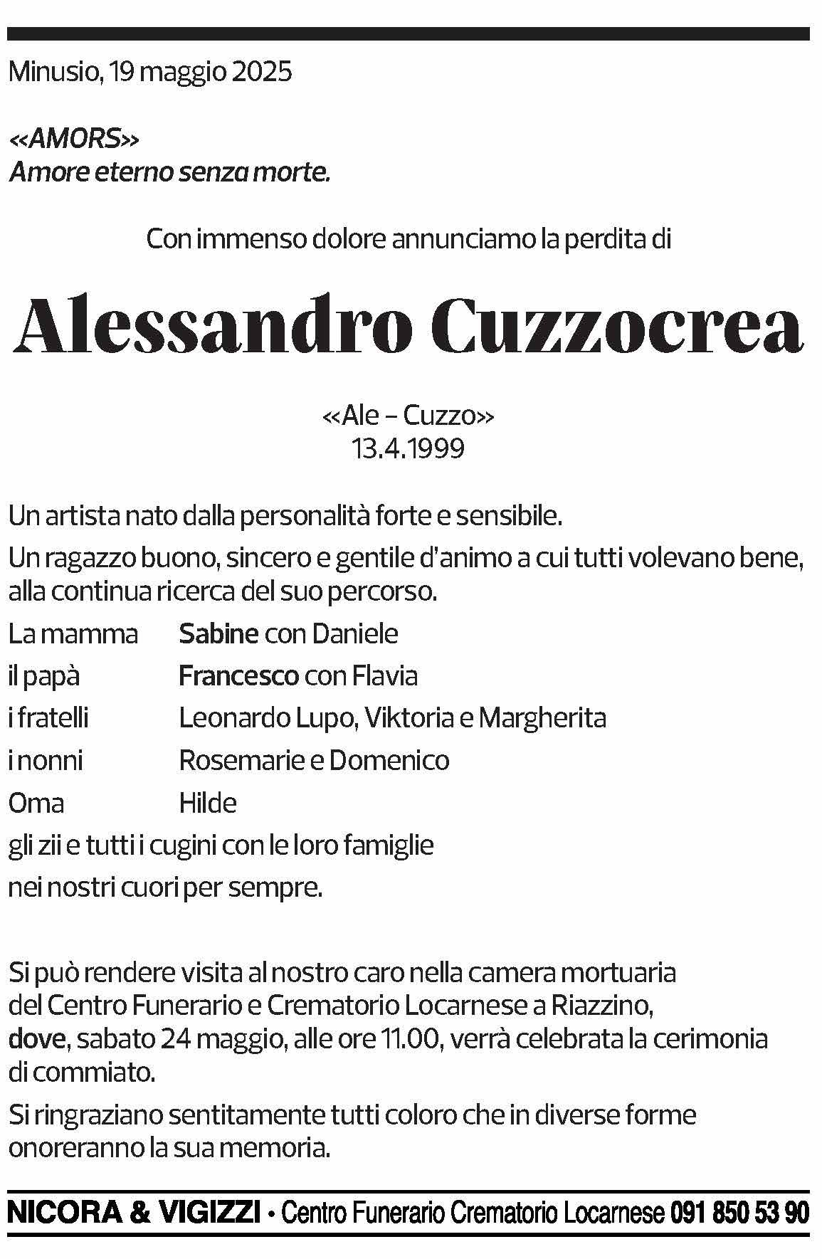 Annuncio funebre Alessandro Cuzzocrea
