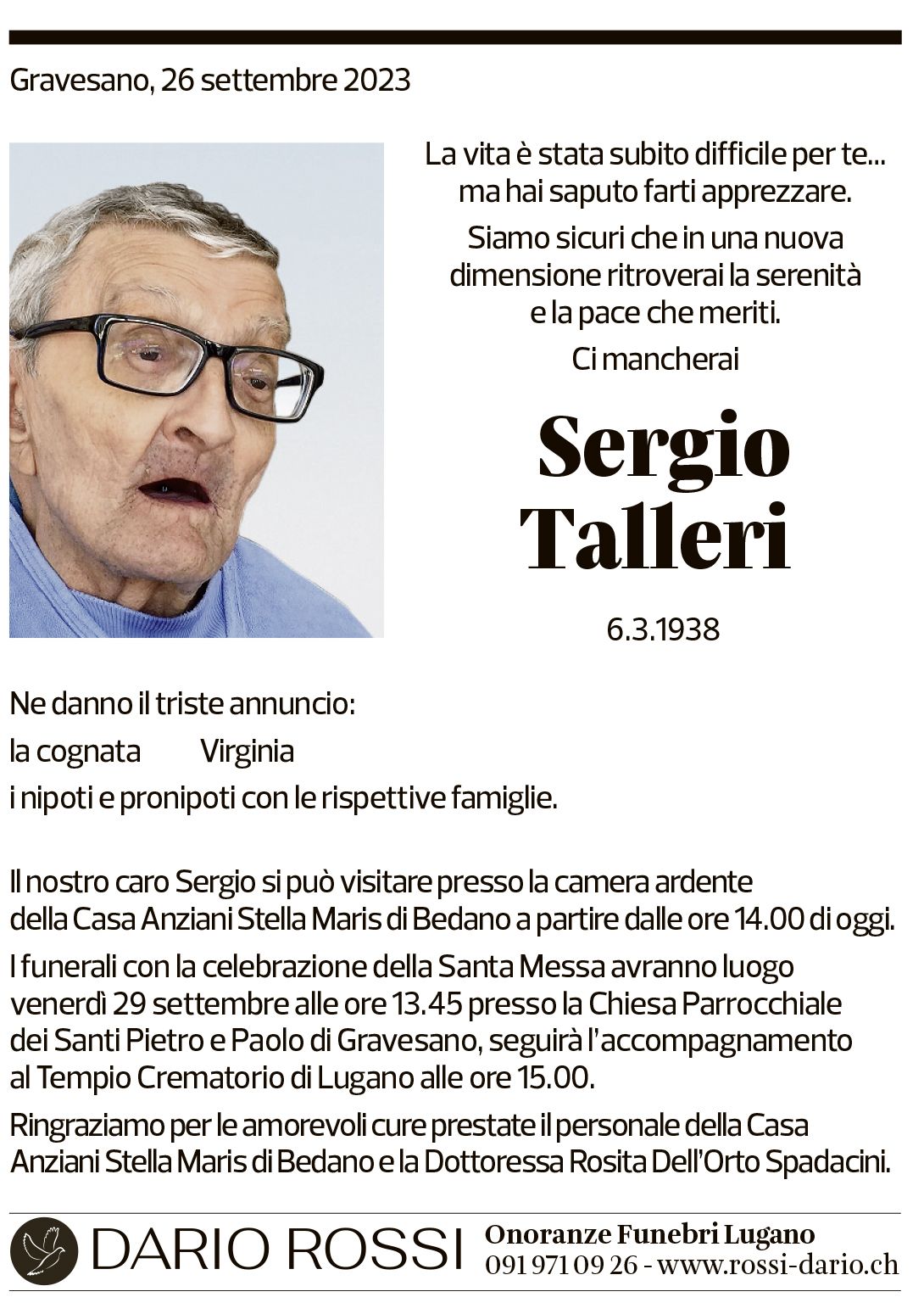 Annuncio funebre Sergio Talleri