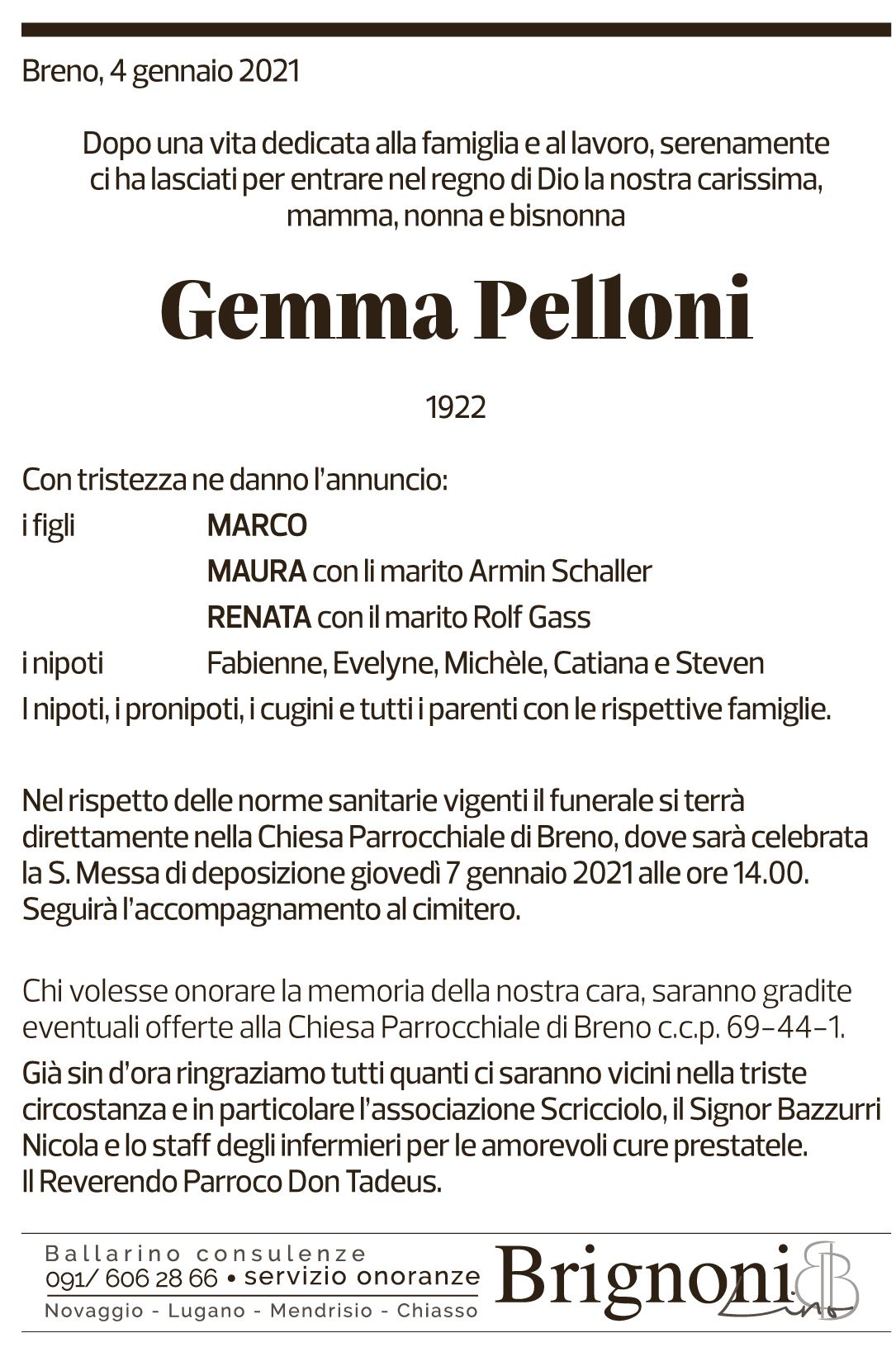Annuncio funebre Gemma Pelloni