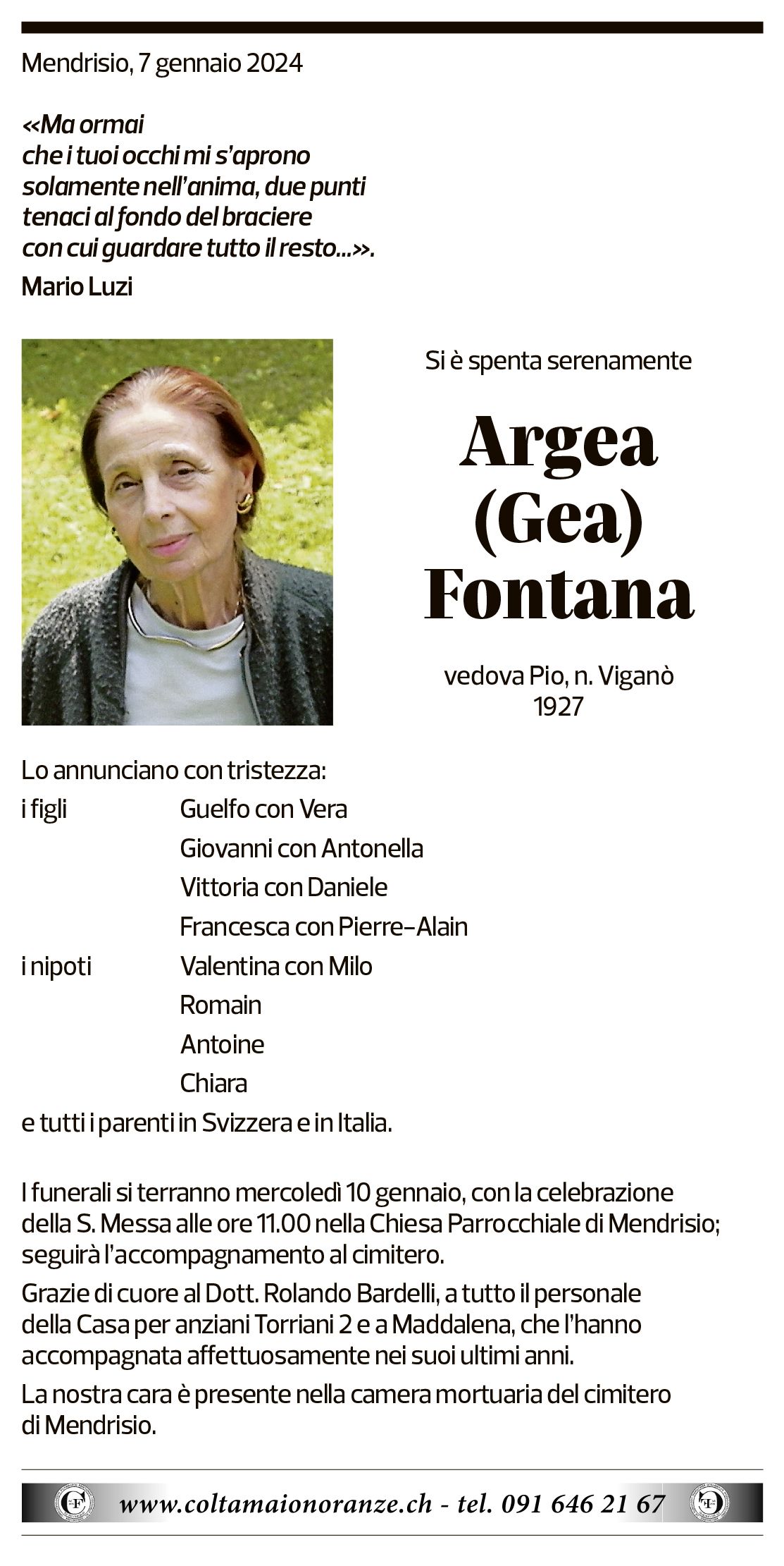 Annuncio funebre Argea Fontana