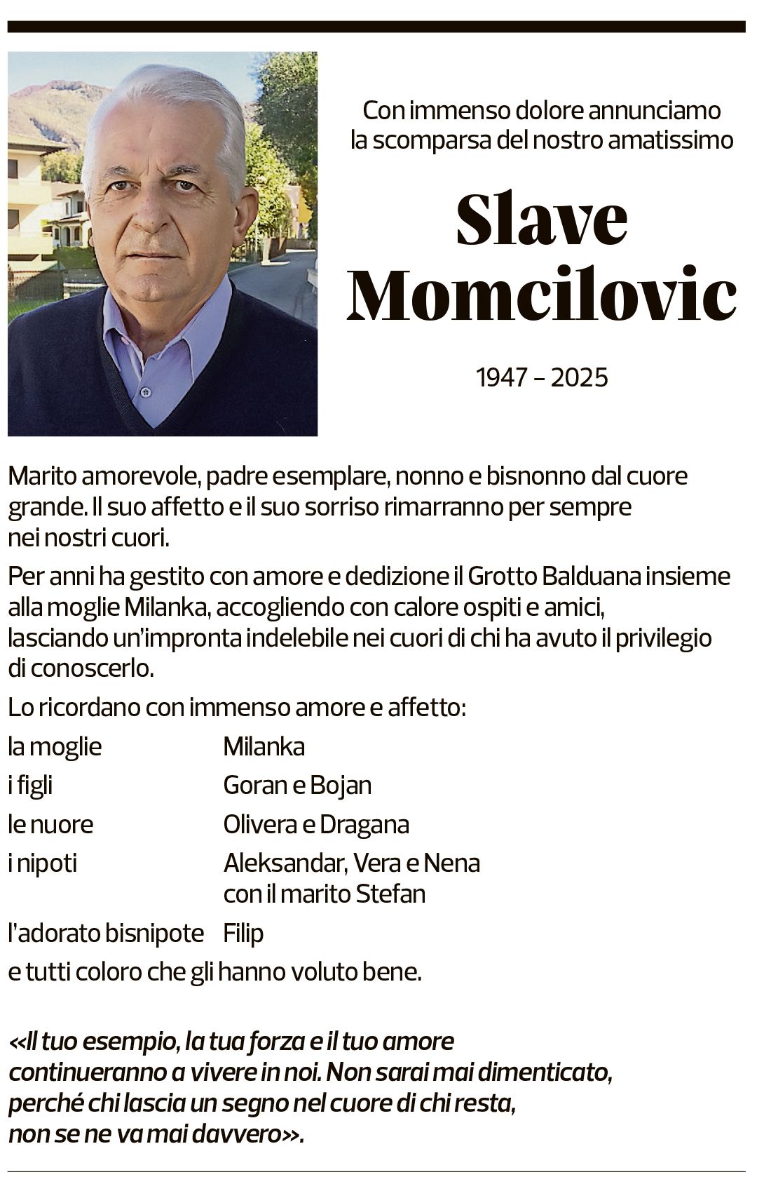 Annuncio funebre Slave Momcilovic