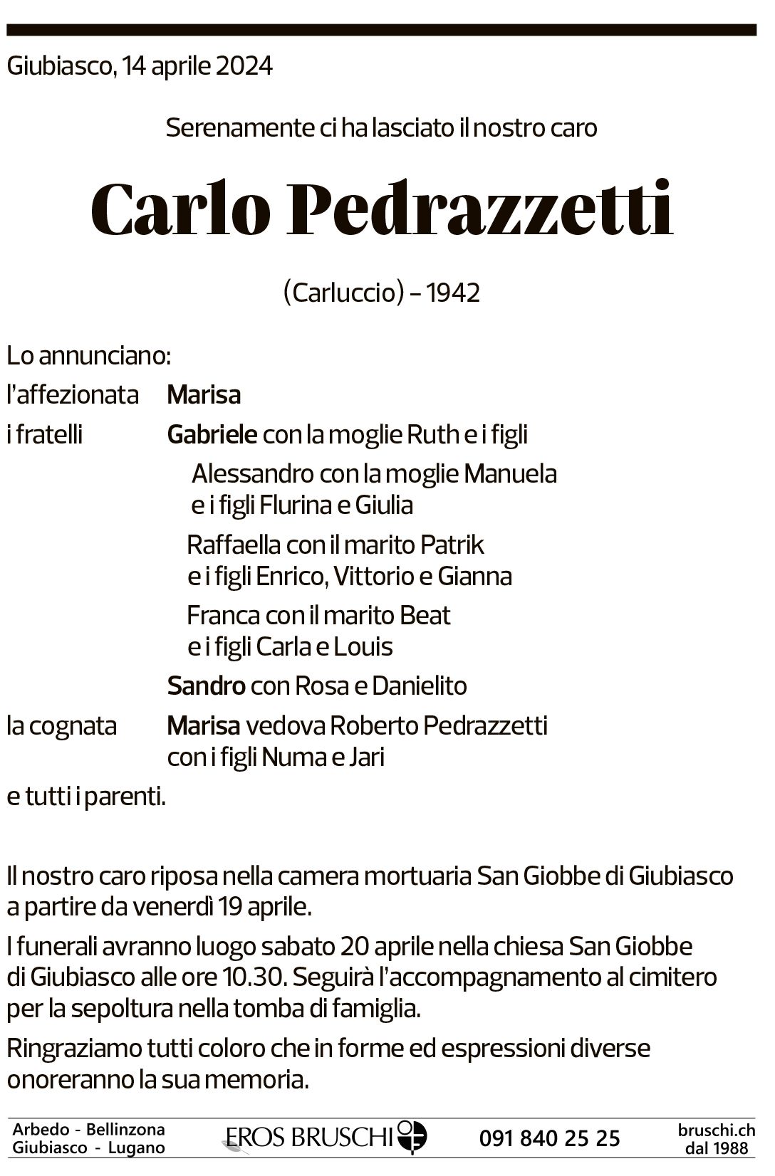 Annuncio funebre Carlo Pedrazzetti