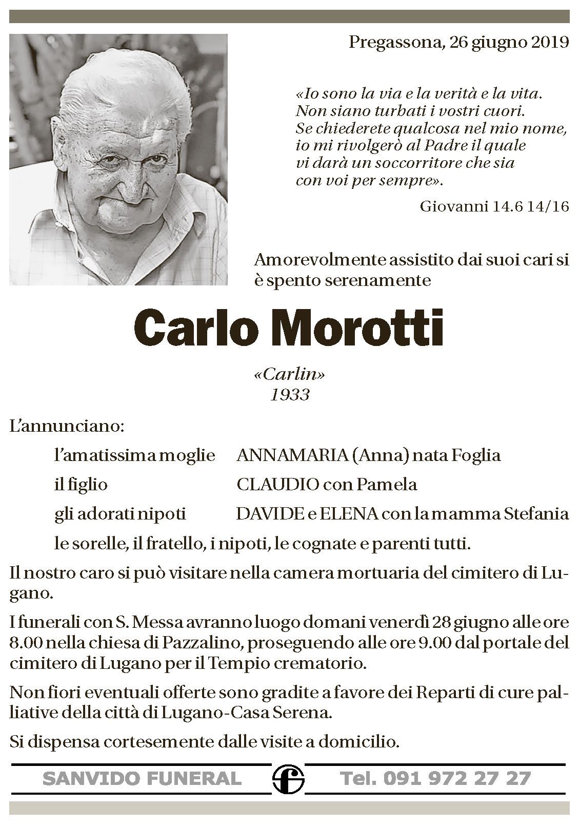 Annuncio funebre Carlo Morotti