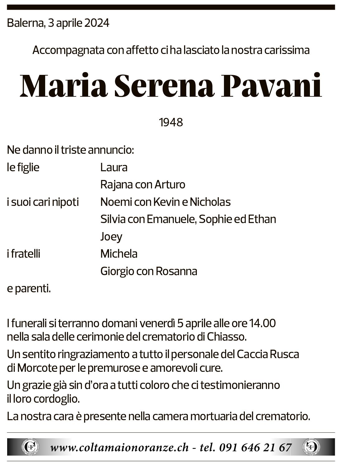 Annuncio funebre Maria Serena Pavani