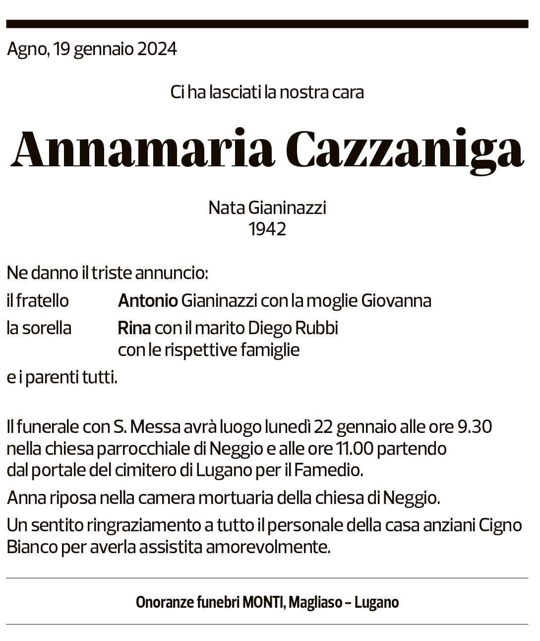 Annuncio funebre Annamaria Cazzaniga