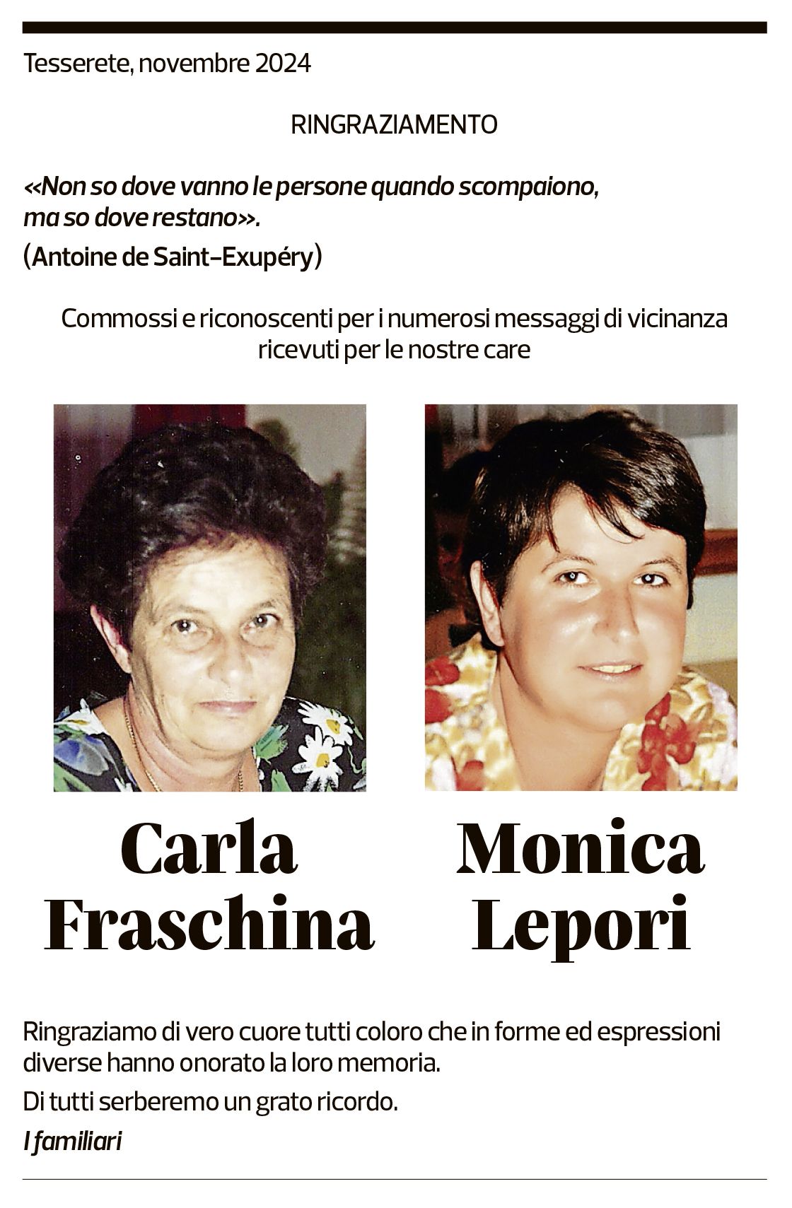 Annuncio funebre Carla E Monica Fraschina E Lepori