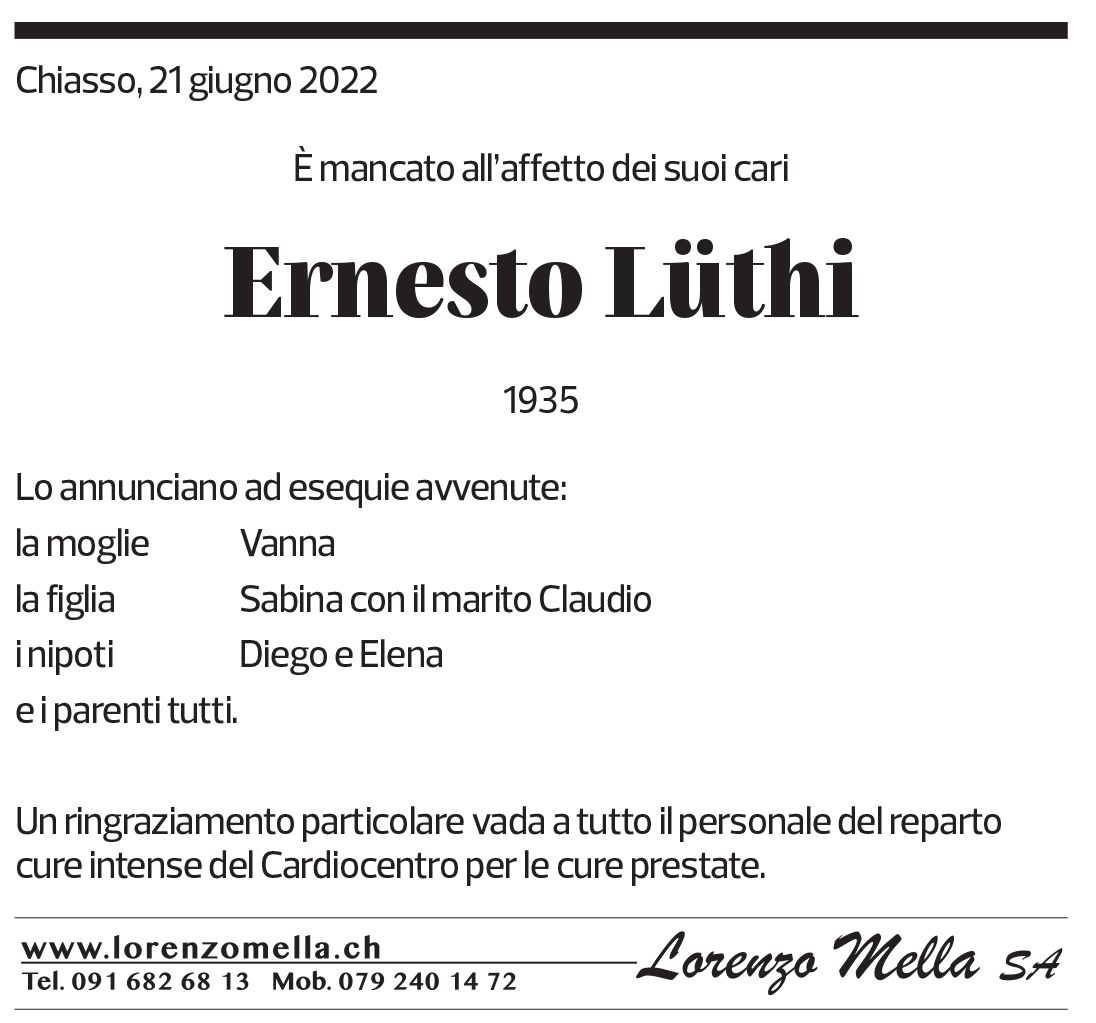 Annuncio funebre Ernesto Lüthi