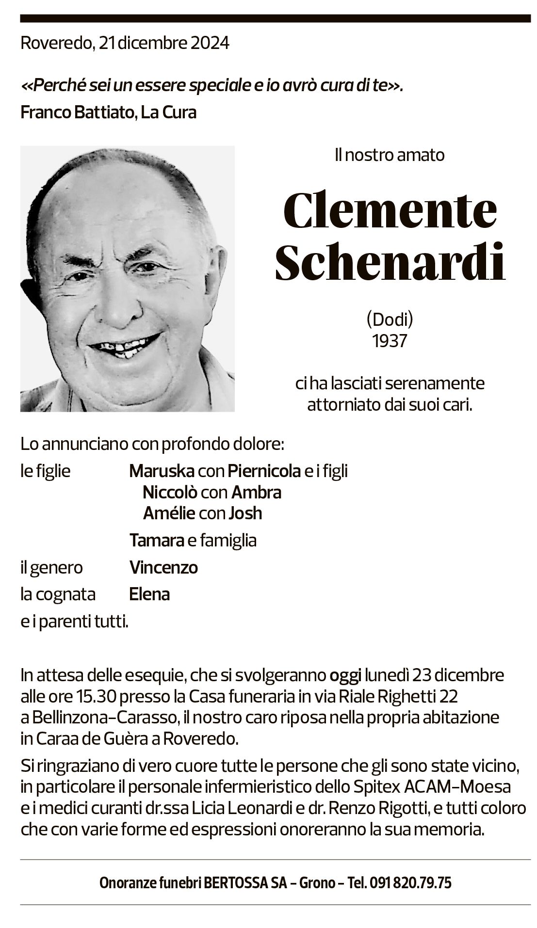 Annuncio funebre Clemente Schenardi