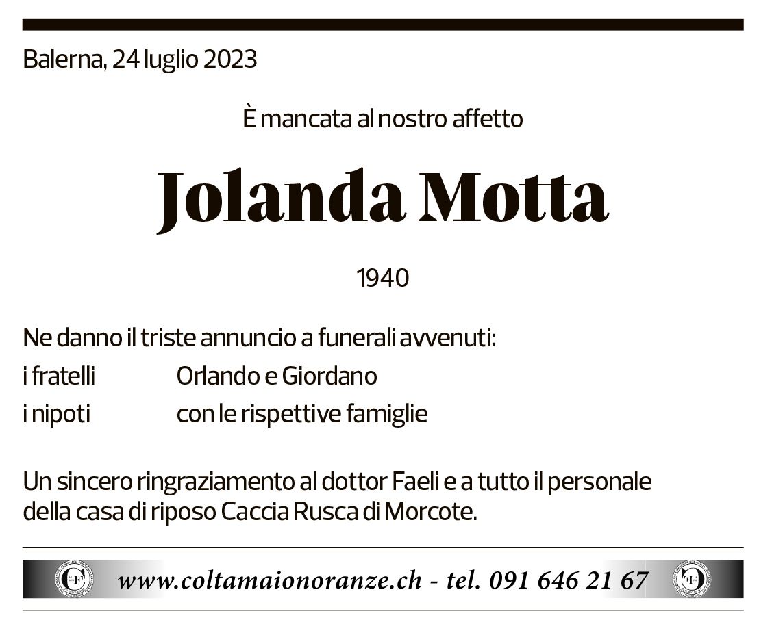 Annuncio funebre Jolanda Motta