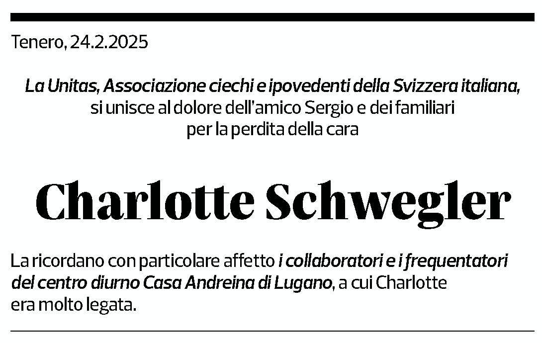 Annuncio funebre Charlotte Schwegler