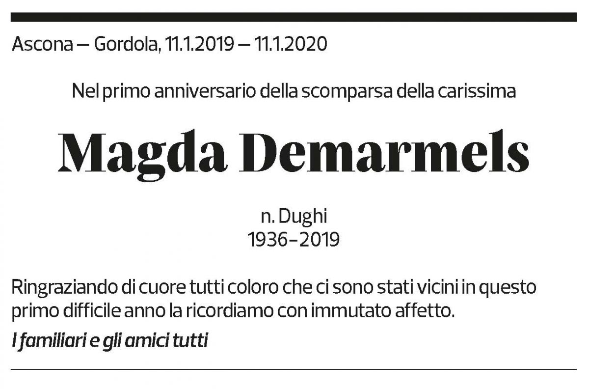 Annuncio funebre Magda Demarmels