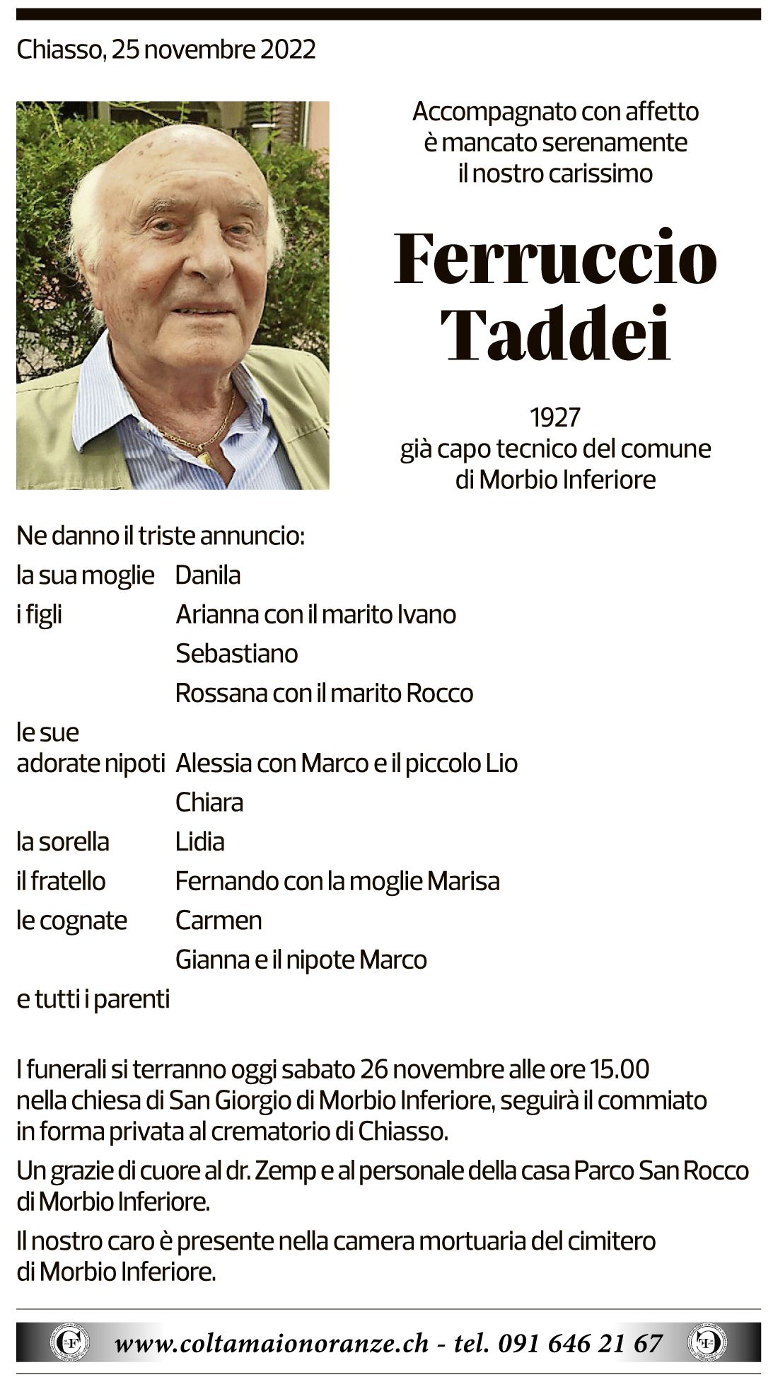 Annuncio funebre Ferruccio Taddei