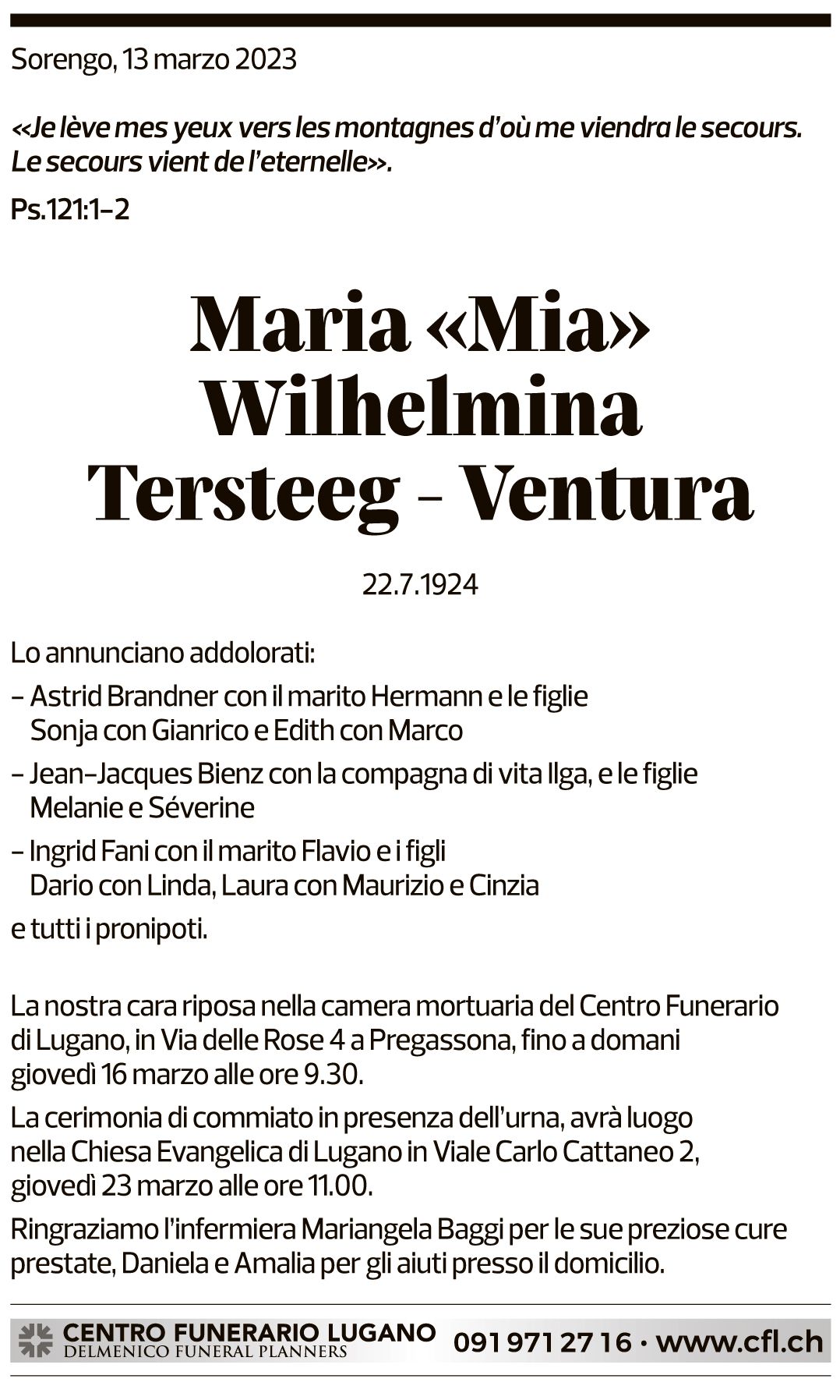 Annuncio funebre Maria "mia" Wilhelmina Tersteeg - Ventura