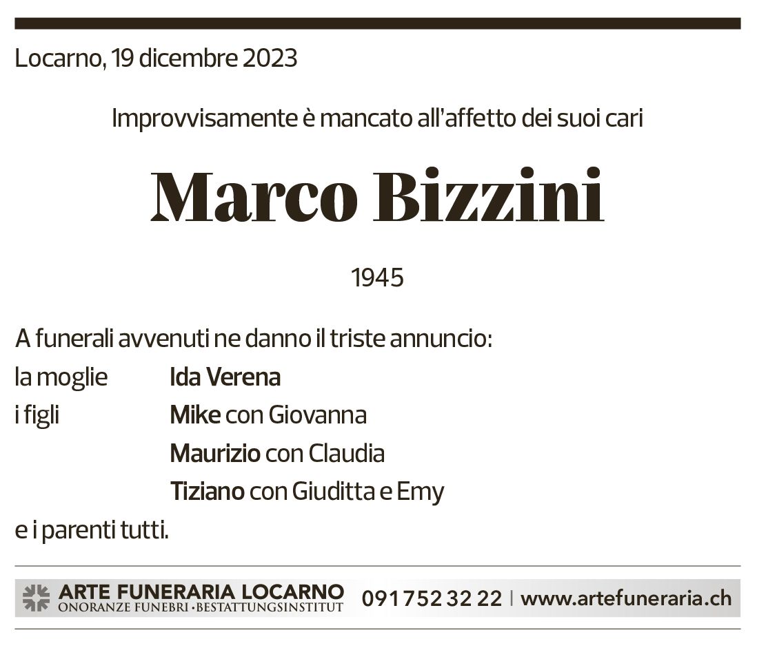 Annuncio funebre Marco Bizzini