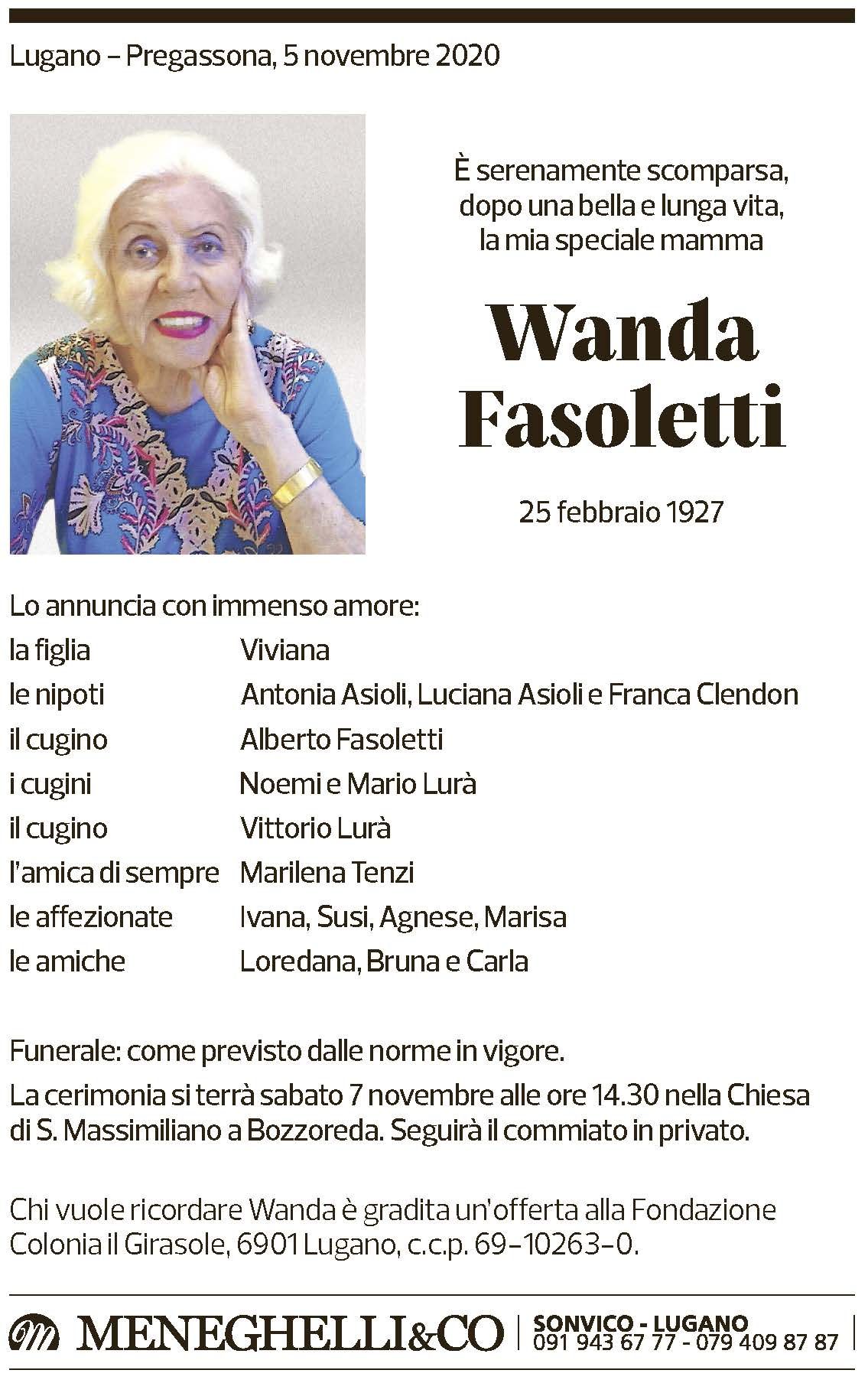 Annuncio funebre Wanda Fasoletti