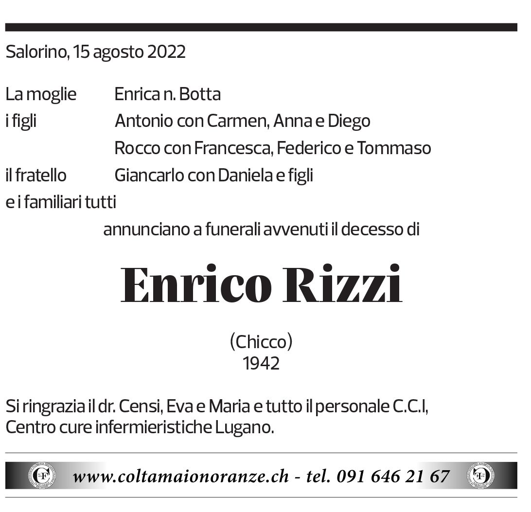 Annuncio funebre Enrico Rizzi