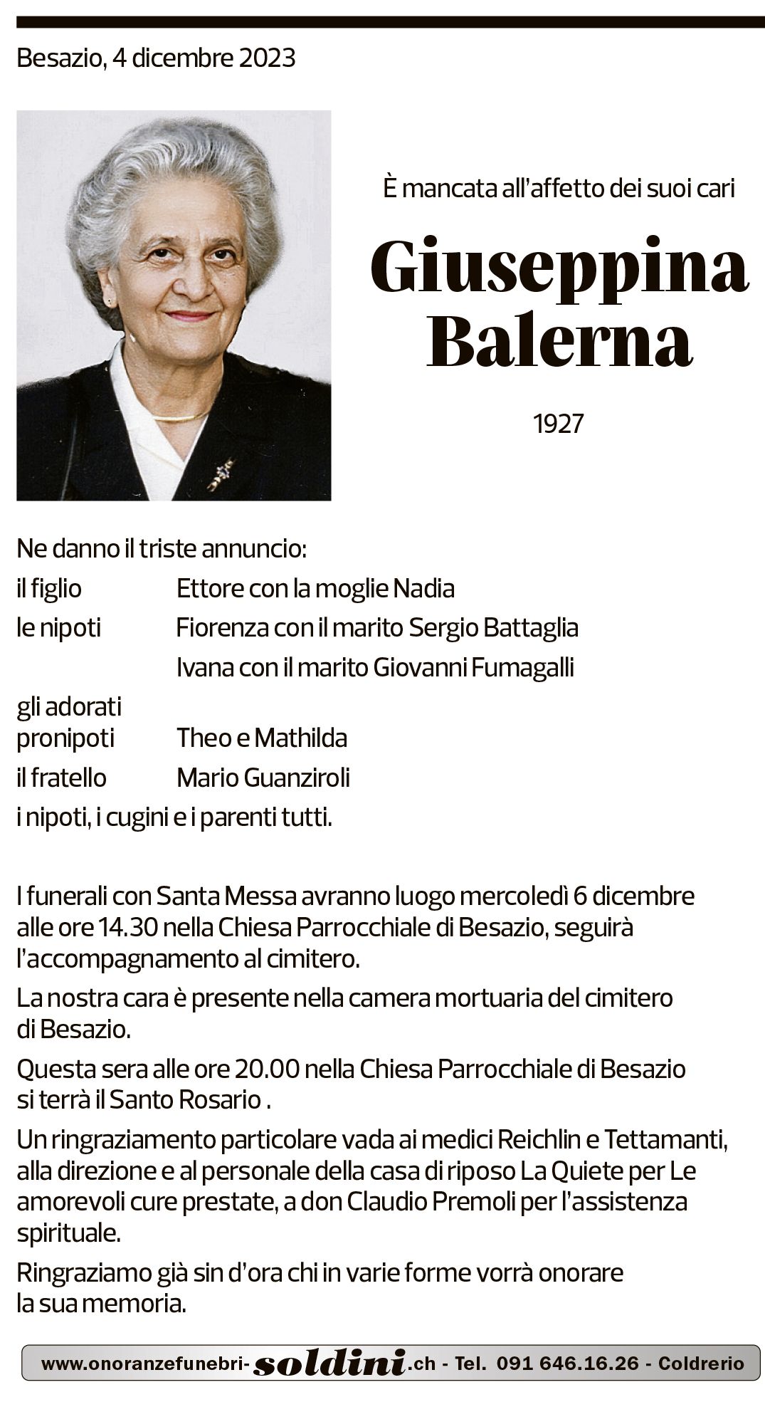 Annuncio funebre Giuseppina Balerna