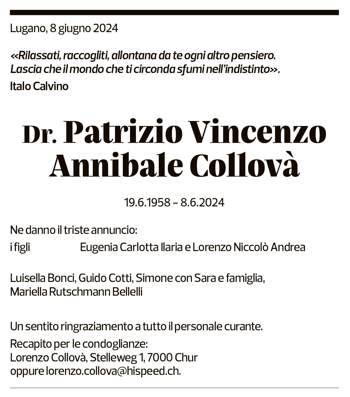 Annuncio funebre Patrizio Vincenzo Annibale Collovà