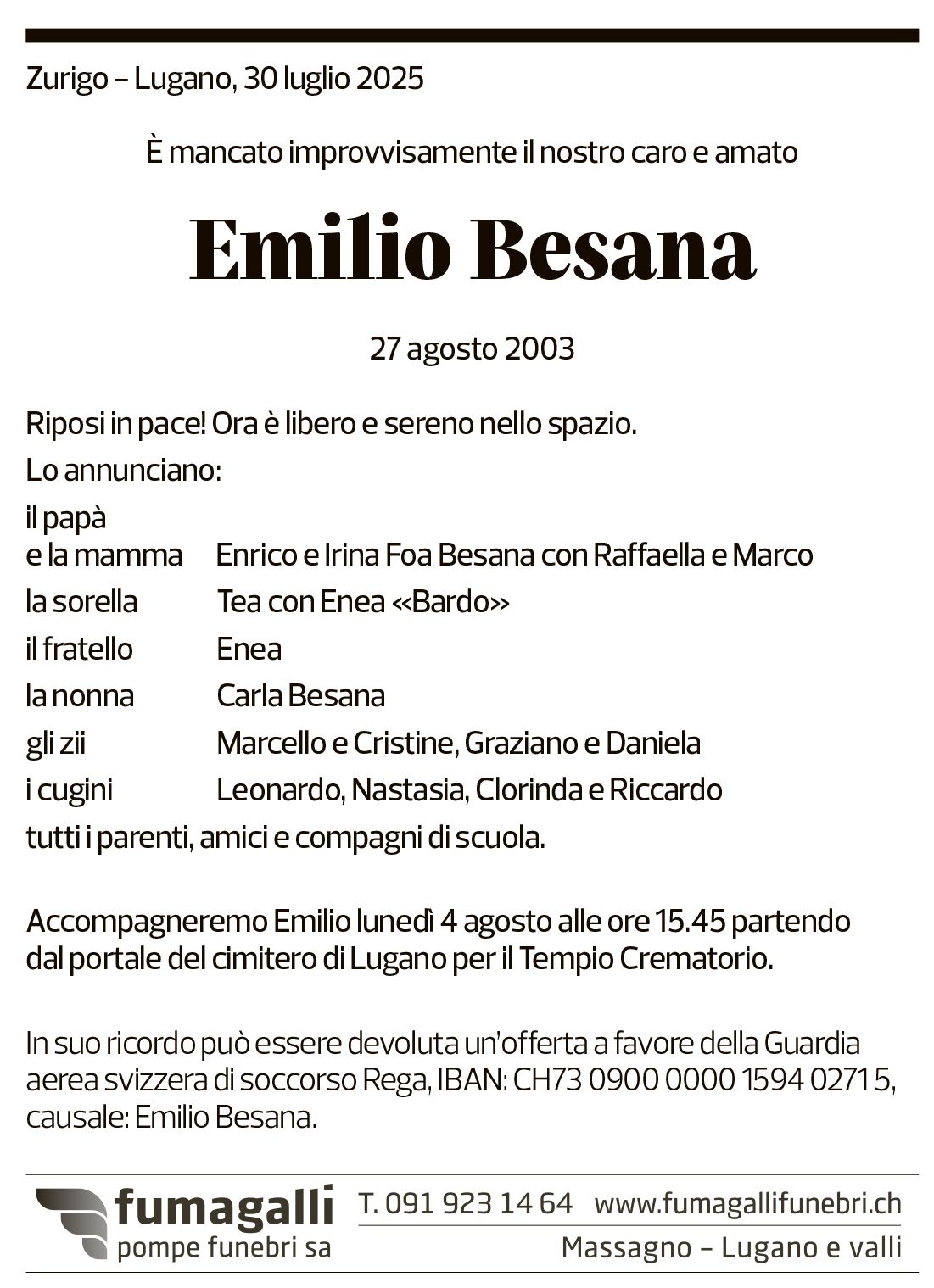 Annuncio funebre Emilio Besana