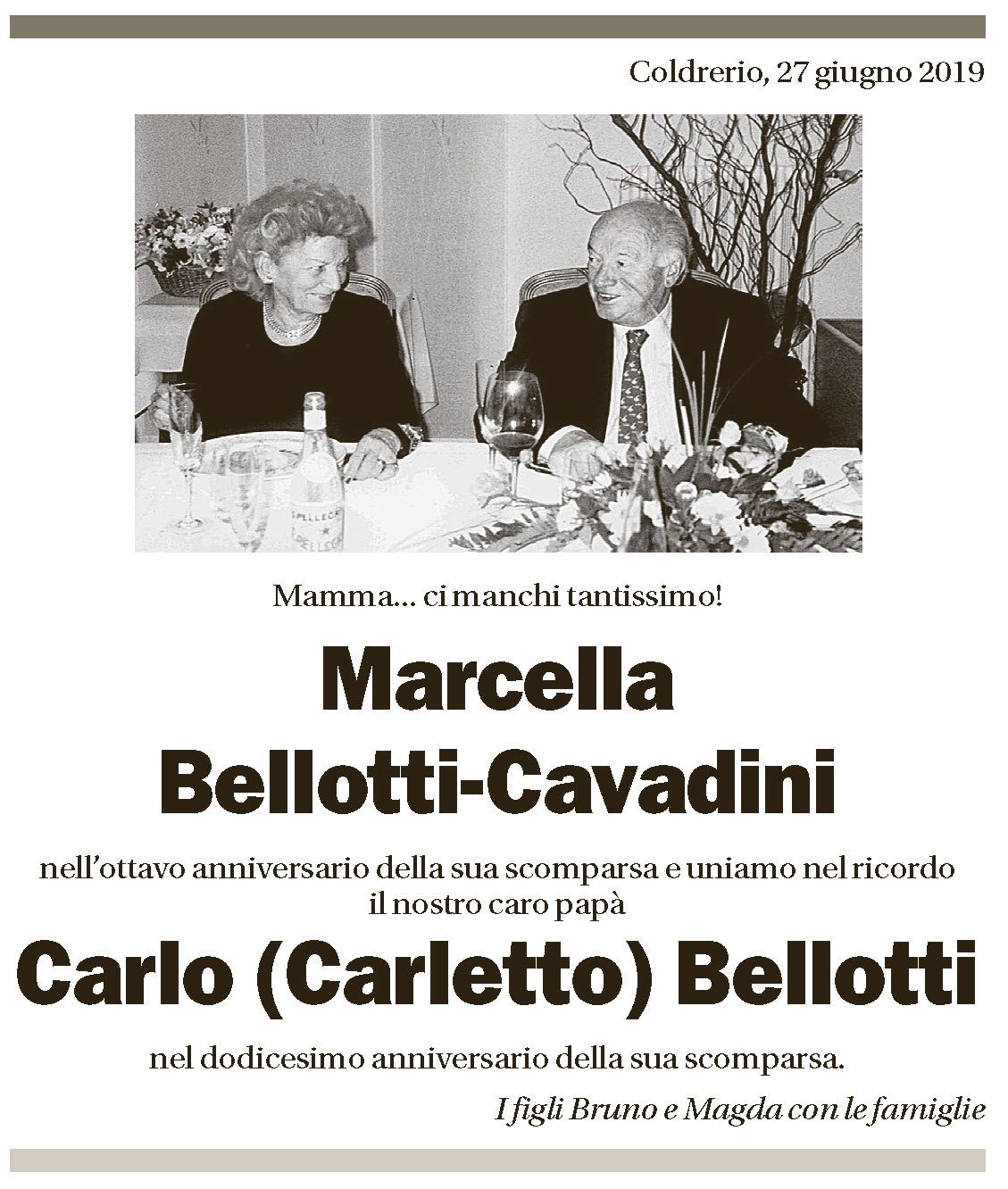 Annuncio funebre Marcella Bellotti-cavadini Carlo Bellotti