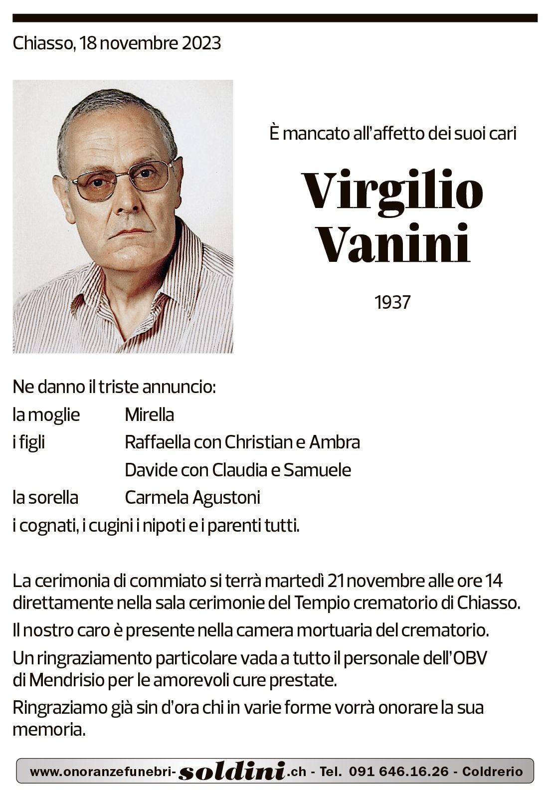 Annuncio funebre Virgilio Vanini