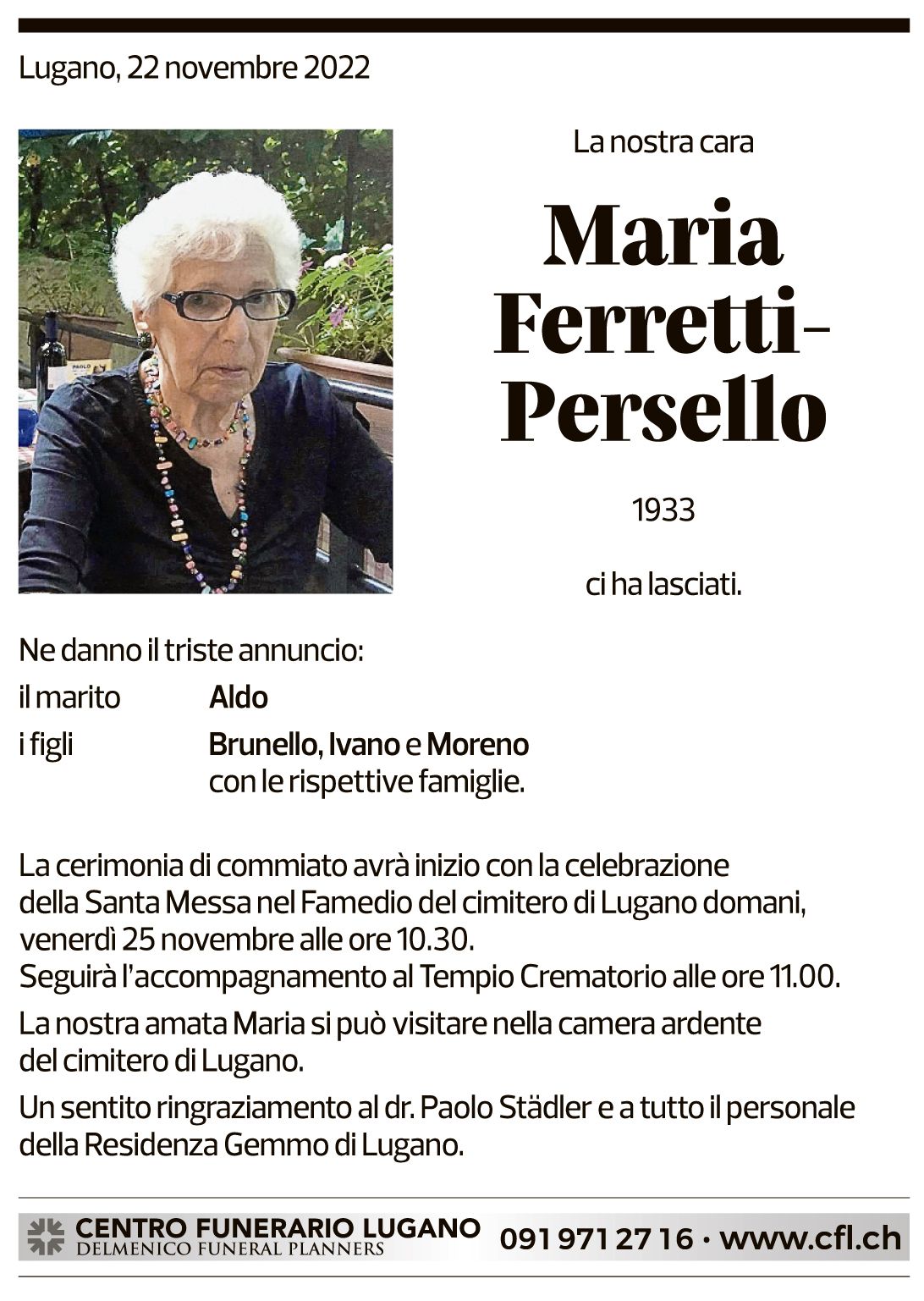 Annuncio funebre Maria Ferretti-persello