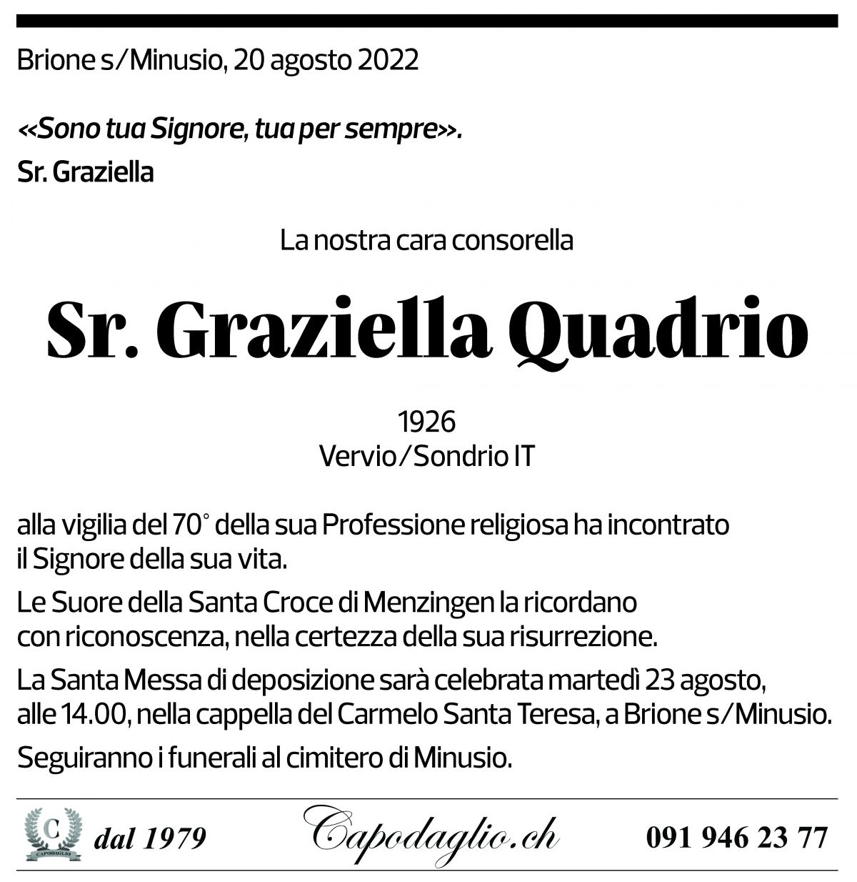 Annuncio funebre Sr. Graziella Quadrio