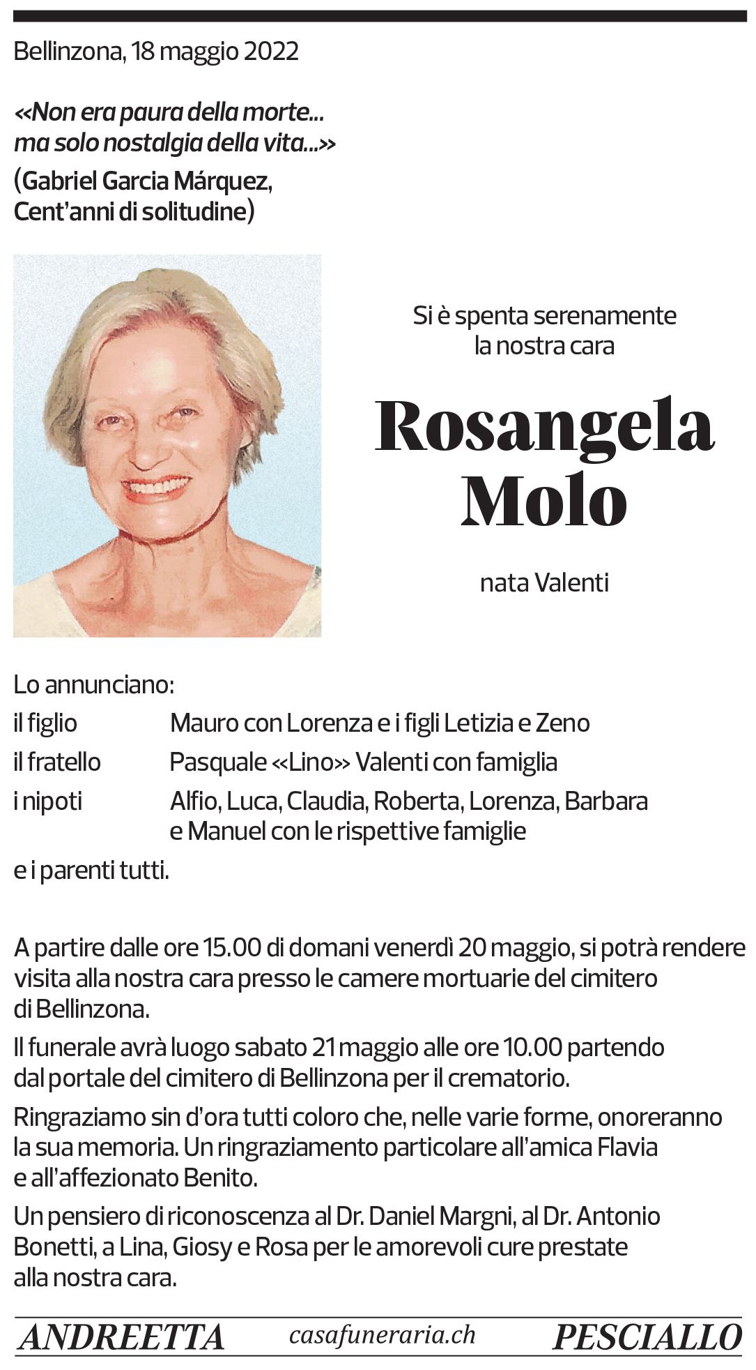 Annuncio funebre Rosangela Molo