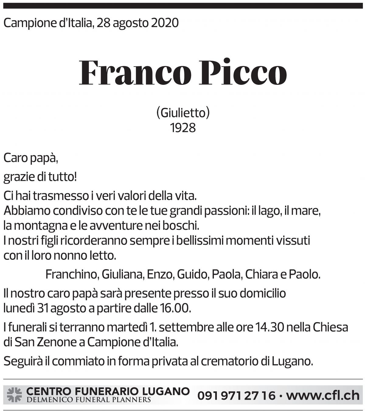 Annuncio funebre Franco Picco