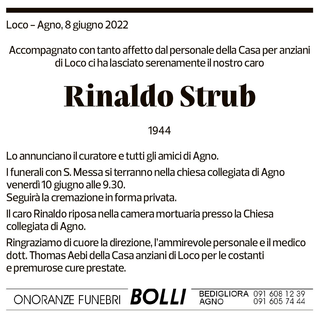 Annuncio funebre Rinaldo Strub