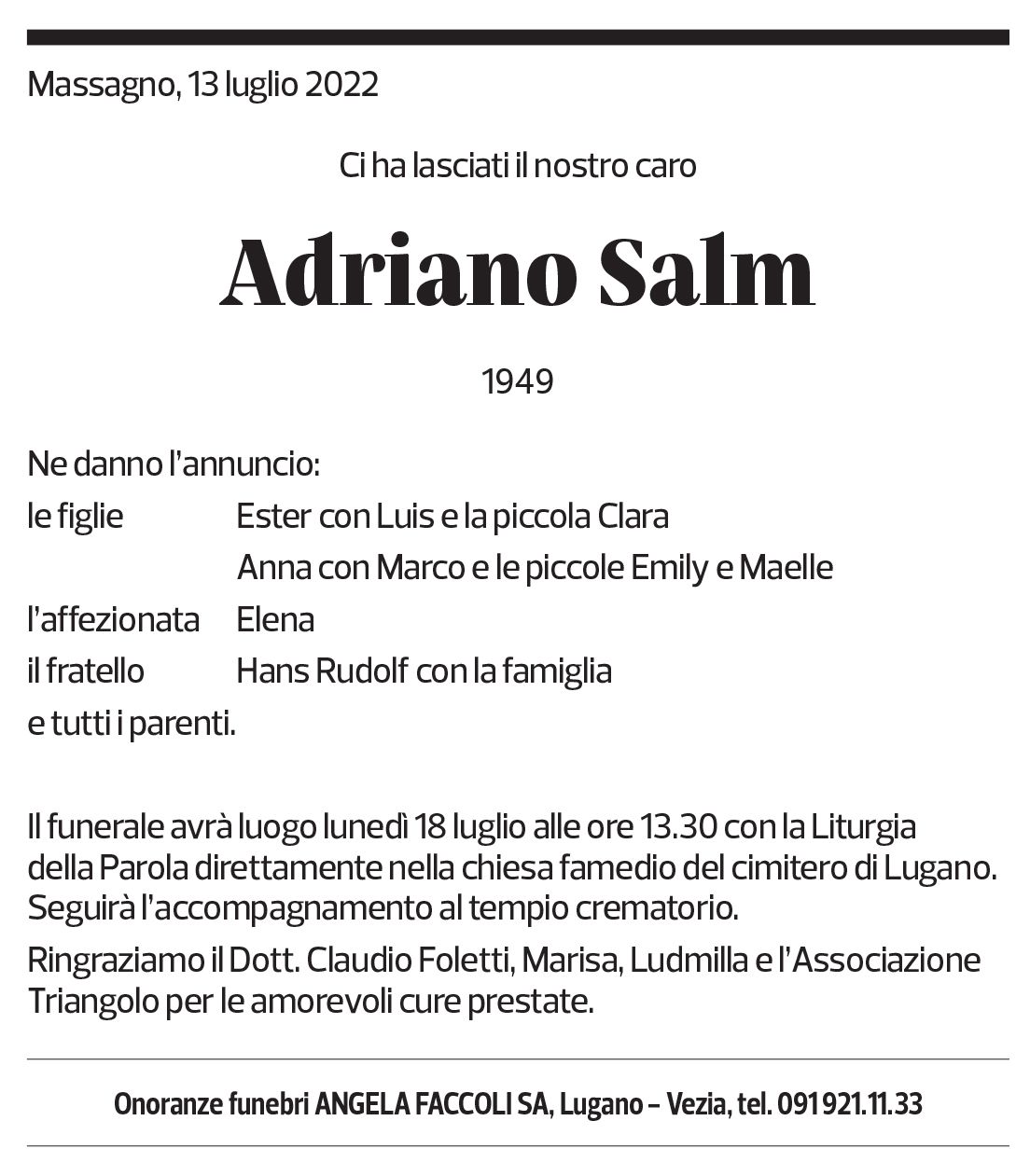 Annuncio funebre Adriano Salm