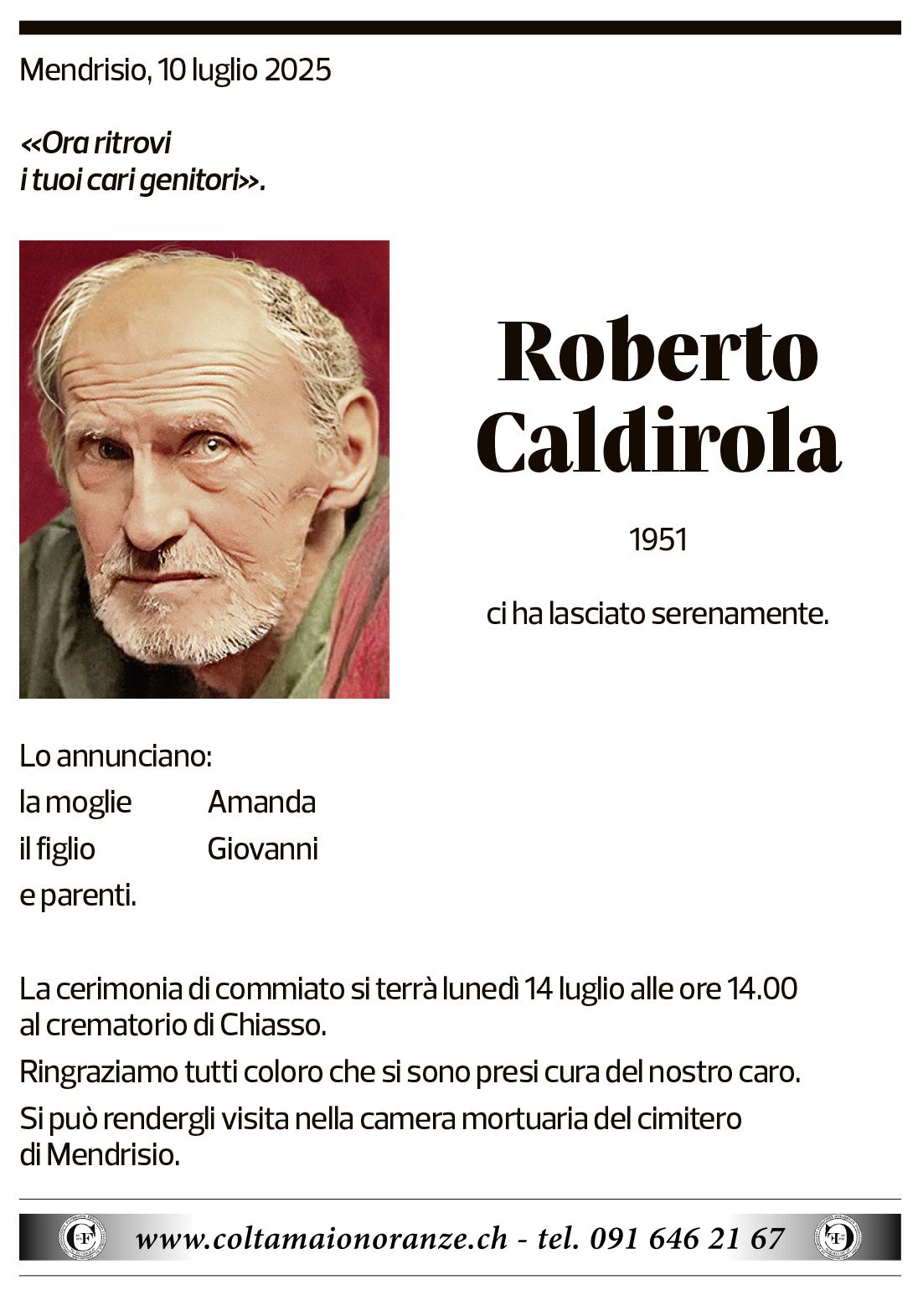 Annuncio funebre Roberto Caldirola