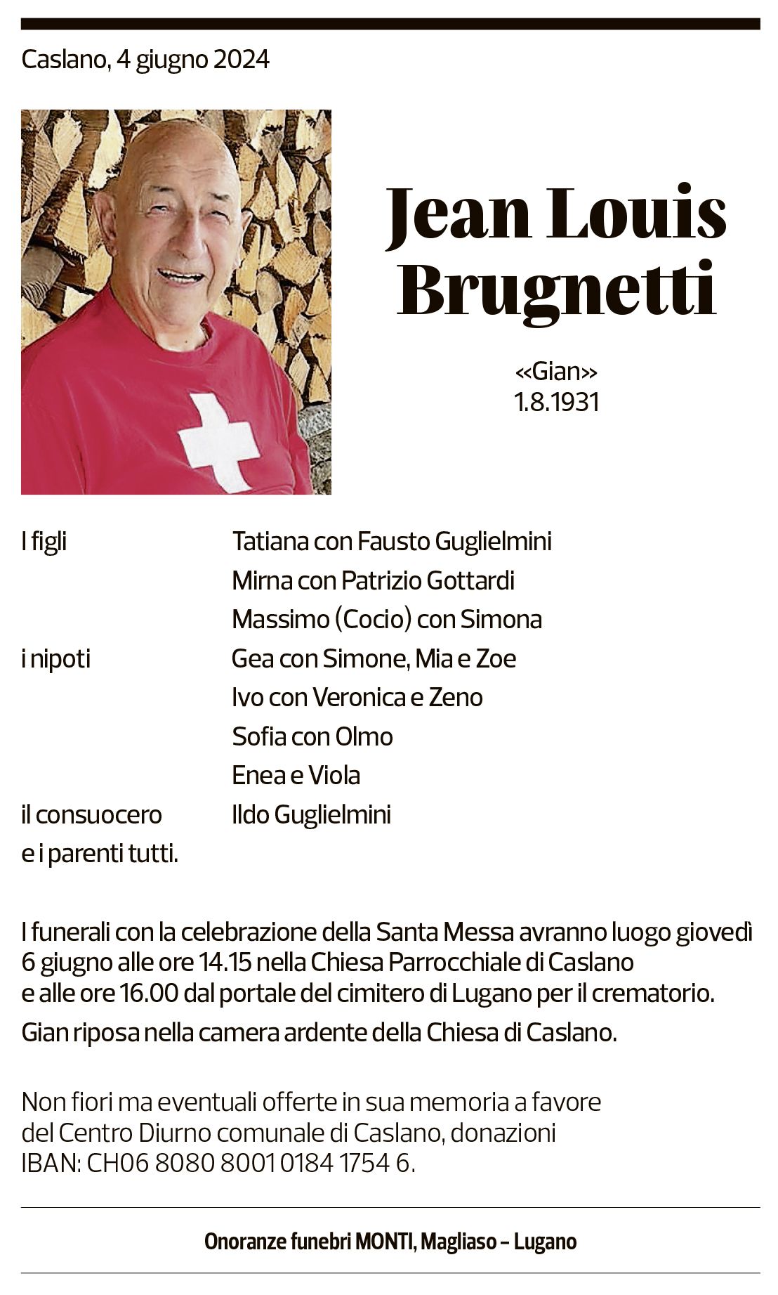 Annuncio funebre Jean Louis Brugnetti