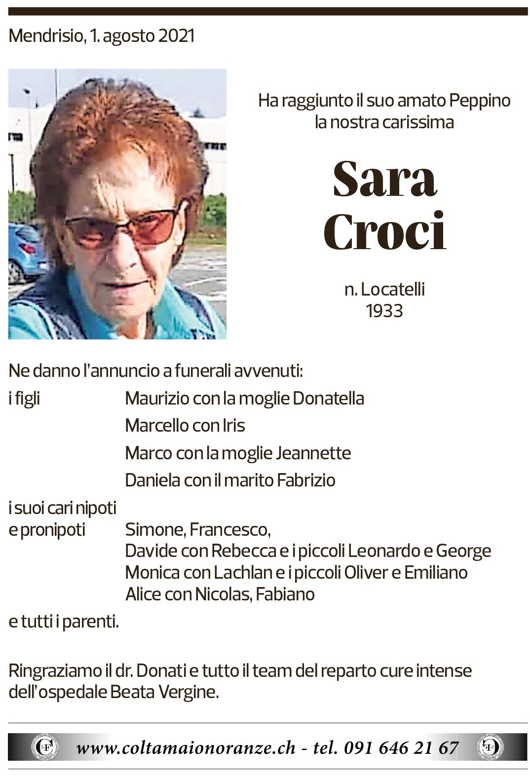 Annuncio funebre Sara Croci